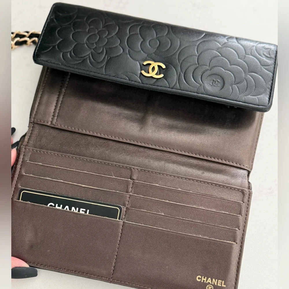 CHANEL Lambskin Embossed Camellia Large Gusset Flap Wallet w/Box, Card and Chain - Picture 6 of 16